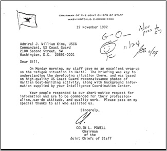 A 1992 letter from General Colin Powell, Chairman of the Joint Chiefs of Staff, to Coast Guard Commandant, Admiral William Kime. (U.S. Coast Guard) A 1992 letter from General Colin Powell, Chairman of the Joint Chiefs of Staff, to Coast Guard Commandant, Admiral William Kime. (U.S. Coast Guard)